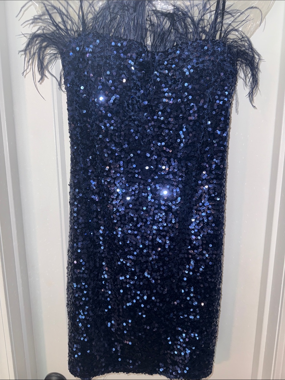 B Darlin Navy Blue Sequin Strapless Feather Trim Dress